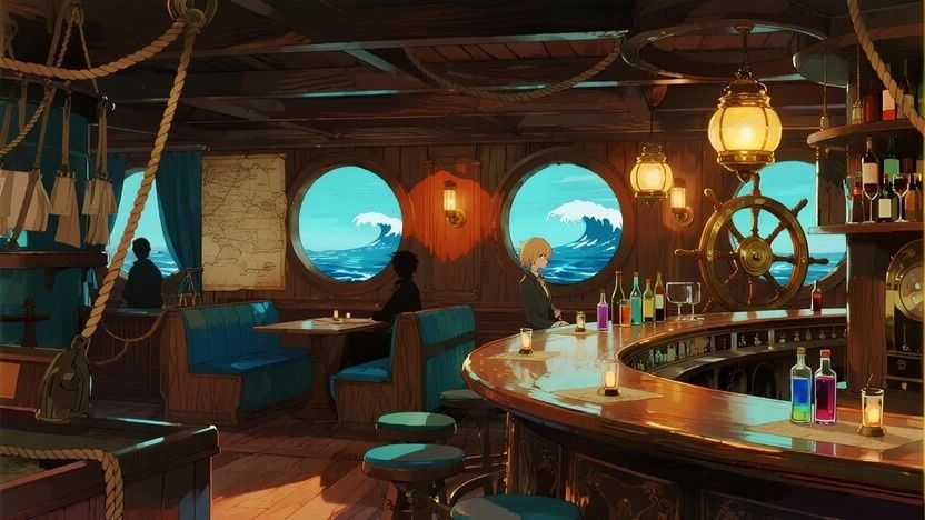 Illustrerad skärgårdskrog med träinredning, bar och havsutsikt